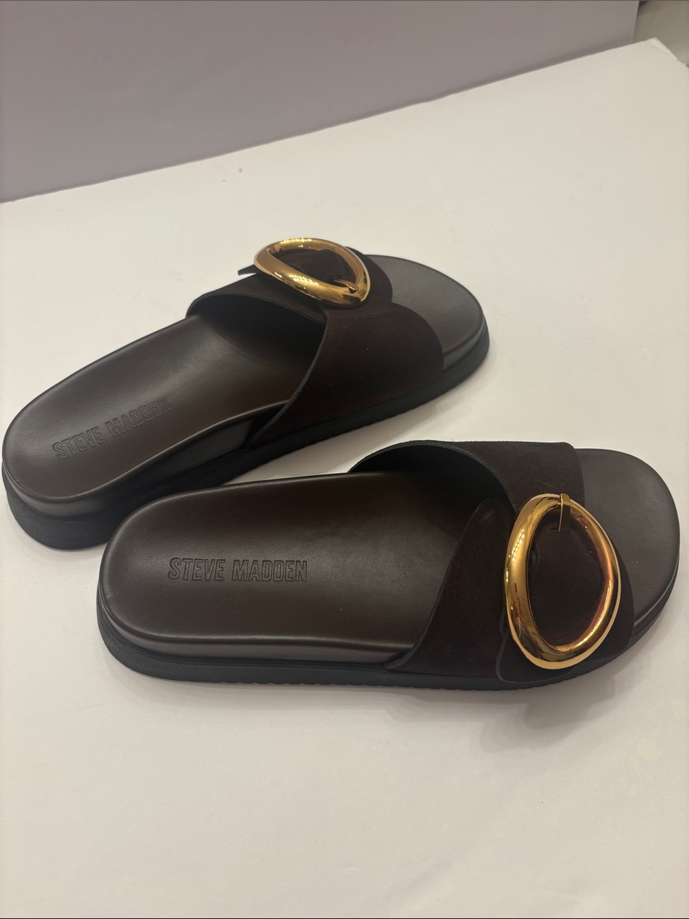 Steve Madden Brown Slide Sandals with Gold Ring Accent - Picture 2 of 3